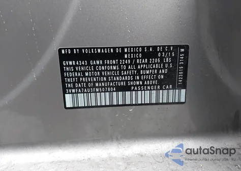 2015 Volkswagen Golf Sportwagen Tdi Se 4-Door z USA, uszkodzony, nr VIN 3VWFA7AU3FM507804